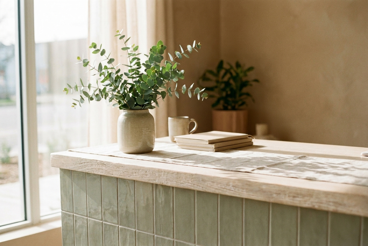 Soft natural light across a warm, minimal clinic reception